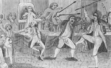 Satiric portrayal of the first fight in Congress, between Matthew Lyon and Roger Griswold. Lyon was later prosecuted under the Sedition Act